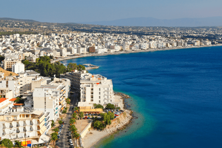 an aerial photo of Loutraki and its sea